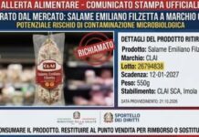 Allerta alimentare: ritirato dal mercato lotto di salame emiliano filzetta a marchio Clai