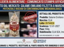 Allerta alimentare: ritirato dal mercato lotto di salame emiliano filzetta a marchio Clai