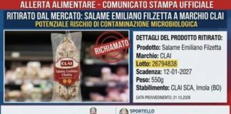Allerta alimentare: ritirato dal mercato lotto di salame emiliano filzetta a marchio Clai