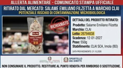 Allerta alimentare: ritirato dal mercato lotto di salame emiliano filzetta a marchio Clai